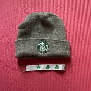 Starbucks gray beanie and small lanyard